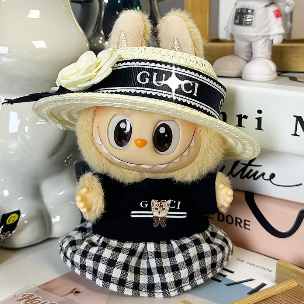 Black Gucci-Inspired Dress with Gingham Skirt & Sun Hat (Plush Not Included)