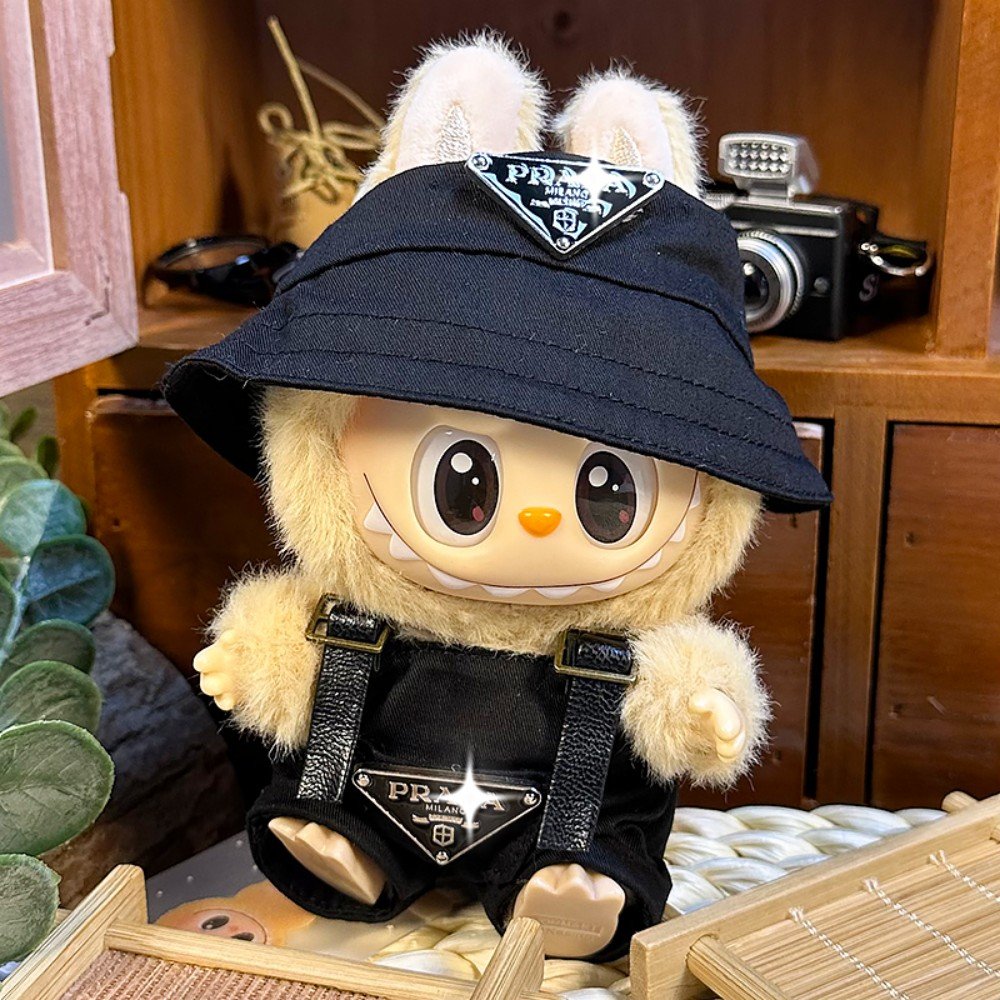 Black Prada-Inspired Overalls with Triangle Logo Hat (Plush Not Included)