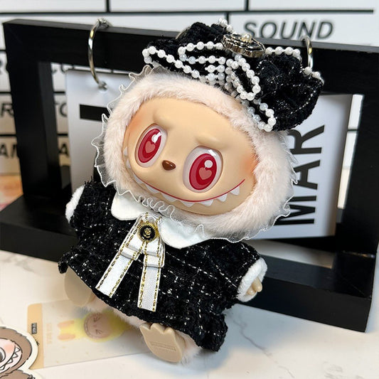 Black Tweed Dress with Pearl Bow Headband (Plush Not Included)