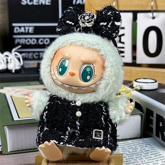 Chanel-Inspired Black Tweed Dress for Labubu – with Beaded Camellia Bow (Plush Not Included)