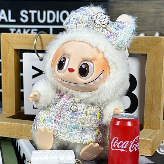 Chanel Style Iridescent Tweed Dress for Labubu – with Crystal Flower Bow (Plush Not Included)